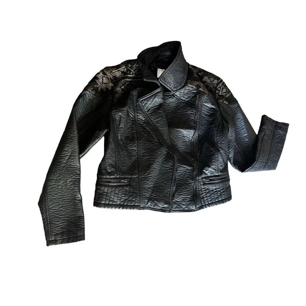 Xhiliration Faux Leather Jacket with patterns on shoulders.